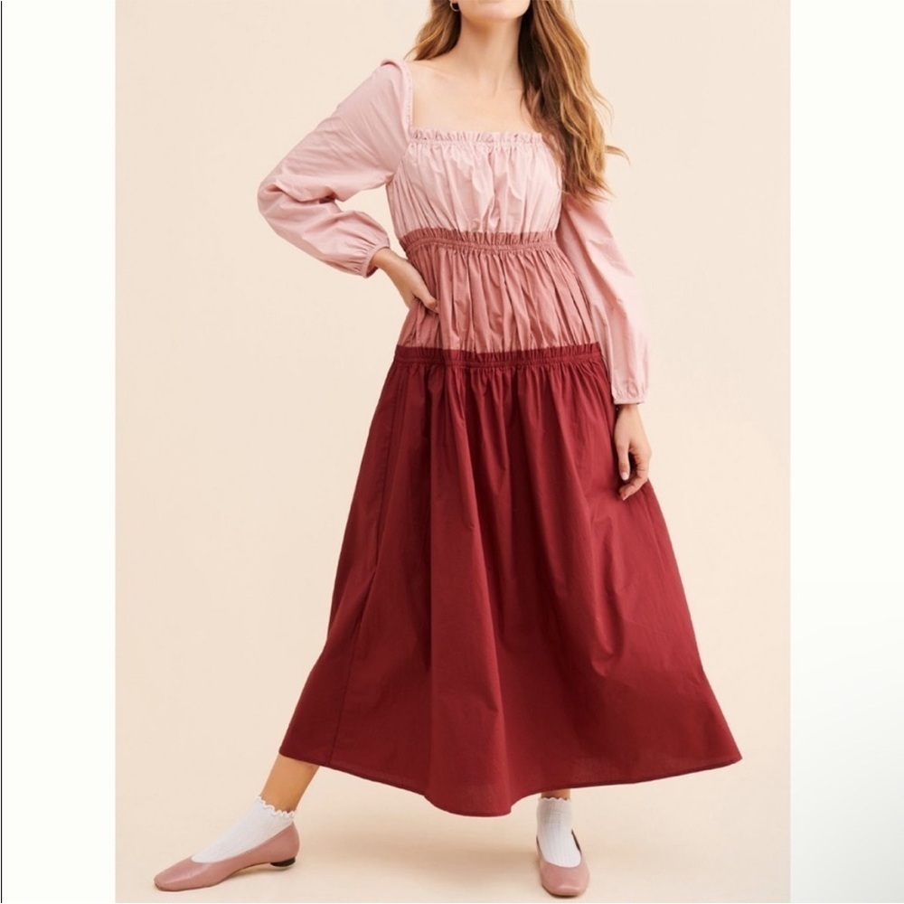 English Factory Colorblocked Tiered Maxi Dress Red Pink‎ Size XS
